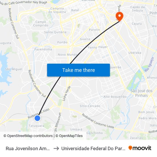 Rua Jovenilson Américo De Oliveira, 31-49 to Universidade Federal Do Paraná Campus Centro Politécnico map