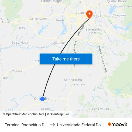 Terminal Rodoviário De Quitandinha (José Steff Filho) to Universidade Federal Do Paraná Campus Centro Politécnico map