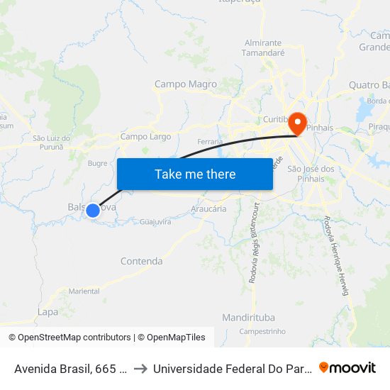 Avenida Brasil, 665 - Prefeitura Balsa Nova to Universidade Federal Do Paraná Campus Centro Politécnico map