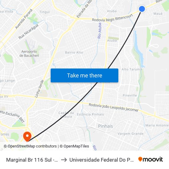 Marginal Br 116 Sul - Vila Liberdade/Vila Zumbi to Universidade Federal Do Paraná Campus Centro Politécnico map