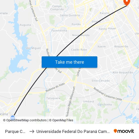 Parque Cachoeira to Universidade Federal Do Paraná Campus Centro Politécnico map