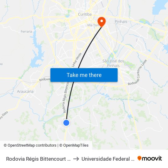 Rodovia Régis Bittencourt (Br 116) - Terminal Antigo Fazenda Rio Grande to Universidade Federal Do Paraná Campus Centro Politécnico map