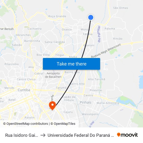 Rua Isidoro Gaida, 5 - Guarujá to Universidade Federal Do Paraná Campus Centro Politécnico map