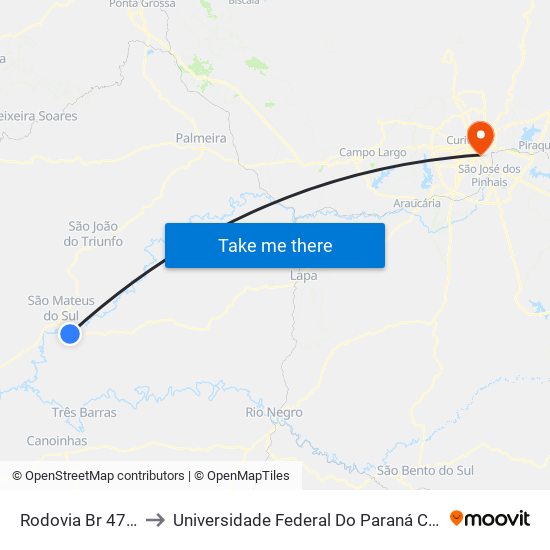 Rodovia Br 476 (Do Xisto) to Universidade Federal Do Paraná Campus Centro Politécnico map