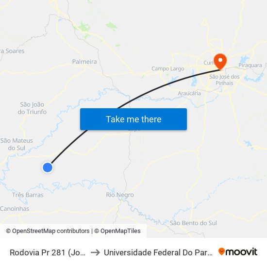 Rodovia Pr 281 (João Francisco Siqueira) to Universidade Federal Do Paraná Campus Centro Politécnico map