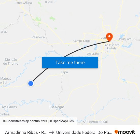 Armadinho Ribas - Rodovia Br 476 (Do Xisto) to Universidade Federal Do Paraná Campus Centro Politécnico map