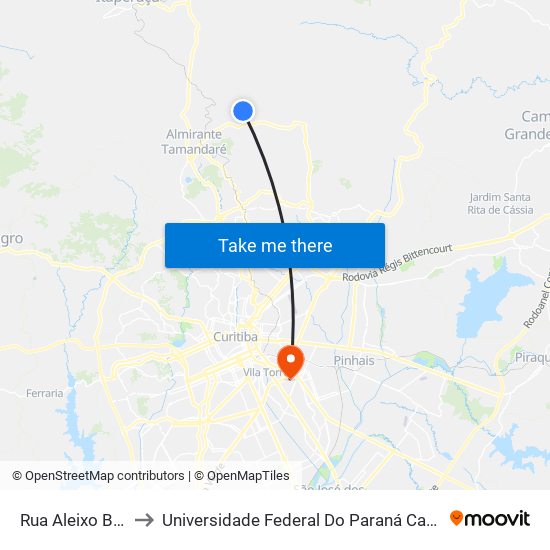 Rua Aleixo Broto, 2772 to Universidade Federal Do Paraná Campus Centro Politécnico map