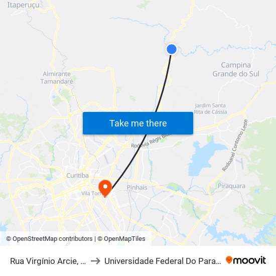 Rua Virgínio Arcie, 488 - Bairro Capivari to Universidade Federal Do Paraná Campus Centro Politécnico map