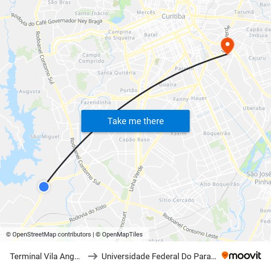 Terminal Vila Angélica (Desembarque) to Universidade Federal Do Paraná Campus Centro Politécnico map