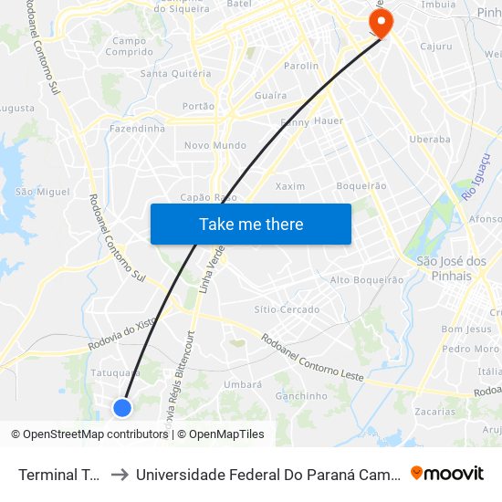 Terminal Tatuquara to Universidade Federal Do Paraná Campus Centro Politécnico map