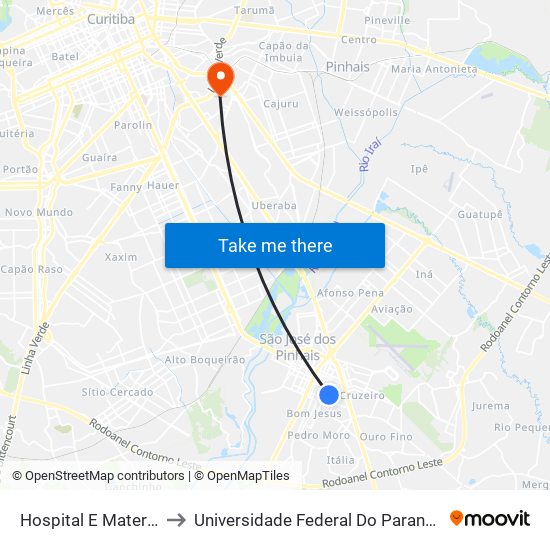 Hospital E Maternidade São José to Universidade Federal Do Paraná Campus Centro Politécnico map