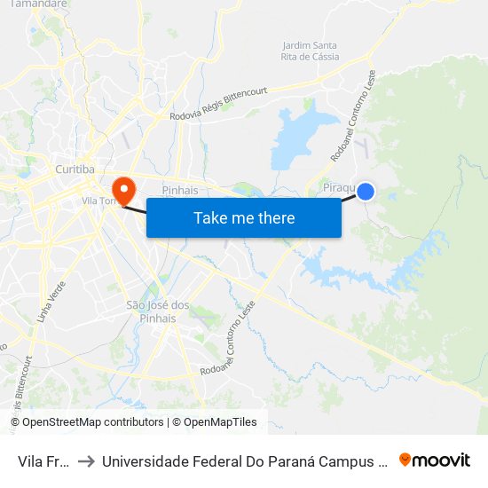 Vila França to Universidade Federal Do Paraná Campus Centro Politécnico map