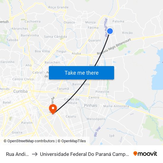 Rua Andirá, 530 to Universidade Federal Do Paraná Campus Centro Politécnico map