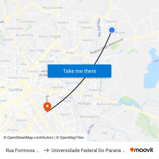 Rua Formosa Do Oeste, 405 to Universidade Federal Do Paraná Campus Centro Politécnico map