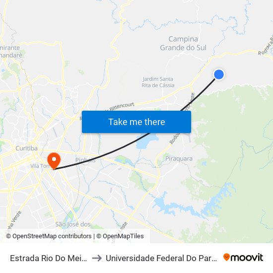 Estrada Rio Do Meio - Rancho Gralha Azul to Universidade Federal Do Paraná Campus Centro Politécnico map