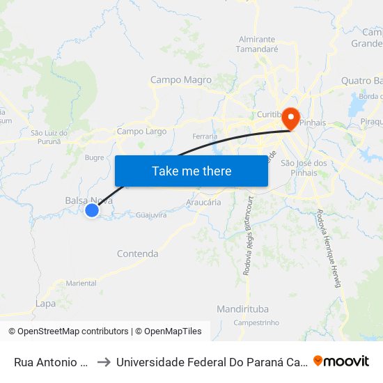 Rua Antonio Bubniak, 44 to Universidade Federal Do Paraná Campus Centro Politécnico map