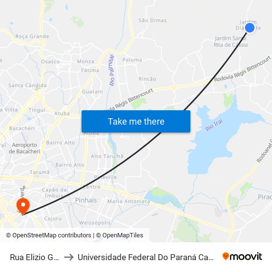 Rua Elizio Gheno, 323 to Universidade Federal Do Paraná Campus Centro Politécnico map