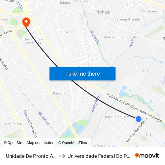 Unidade De Pronto Atendimento - Afonso Pena to Universidade Federal Do Paraná Campus Centro Politécnico map