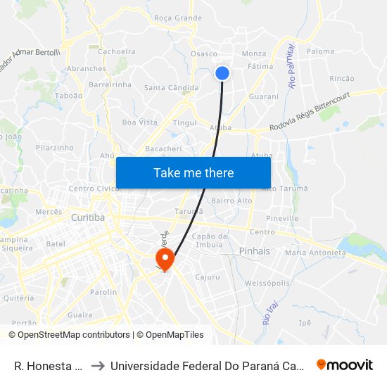 R. Honesta Cavalli, 45 to Universidade Federal Do Paraná Campus Centro Politécnico map