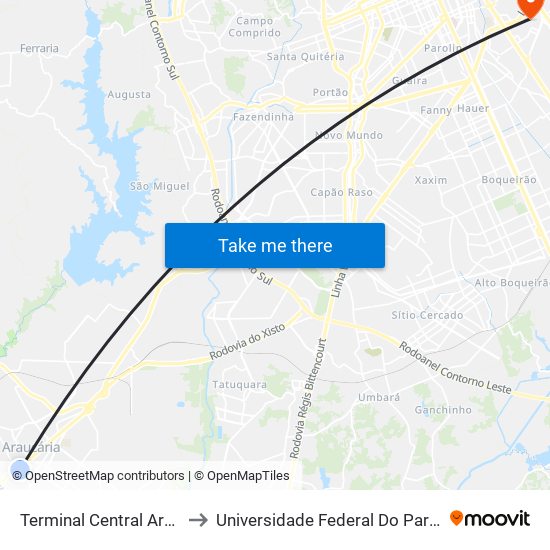 Terminal Central Araucária (Desembarque) to Universidade Federal Do Paraná Campus Centro Politécnico map