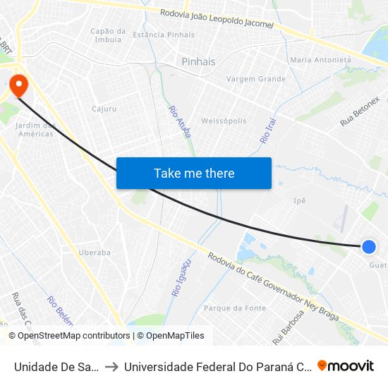 Unidade De Saúde Guatupê to Universidade Federal Do Paraná Campus Centro Politécnico map
