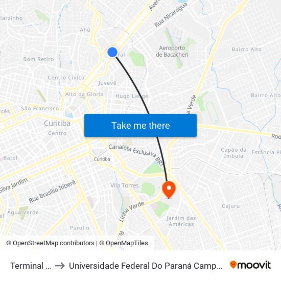 Terminal Cabral to Universidade Federal Do Paraná Campus Centro Politécnico map