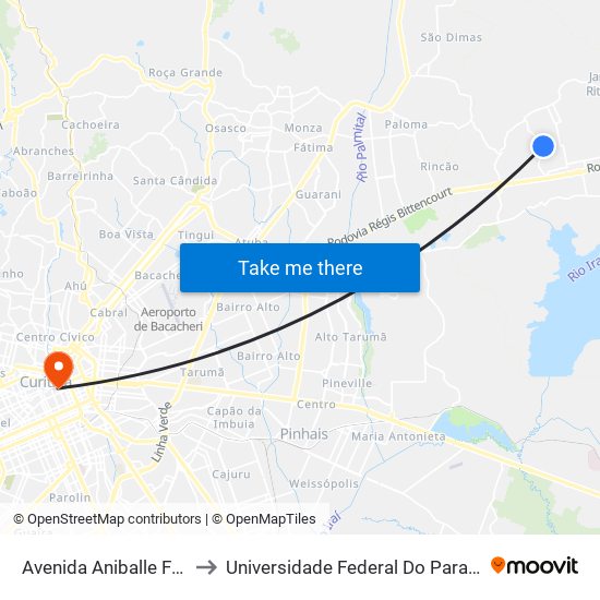 Avenida Aniballe Ferrarini, 1117 to Universidade Federal Do Paraná Prédio Histórico map