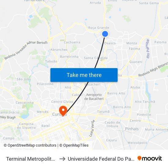 Terminal Metropolitano Roça Grande to Universidade Federal Do Paraná Prédio Histórico map