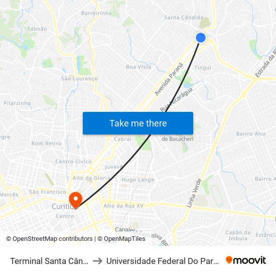 Terminal Santa Cândida (Externo) to Universidade Federal Do Paraná Prédio Histórico map