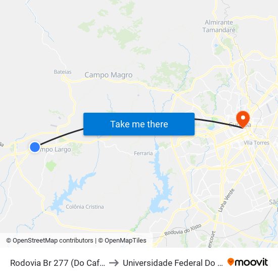 Rodovia Br 277 (Do Café) - Passarela Rivabem to Universidade Federal Do Paraná Prédio Histórico map