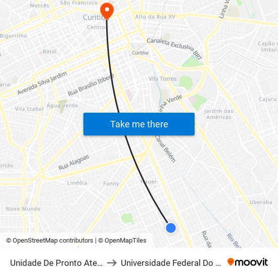 Unidade De Pronto Atendimento - Boqueirão to Universidade Federal Do Paraná Prédio Histórico map