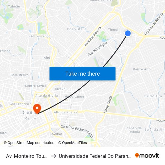 Av. Monteiro Tourinho, 1090 to Universidade Federal Do Paraná Prédio Histórico map
