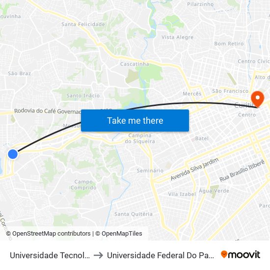 Universidade Tecnológica (Ecoville) to Universidade Federal Do Paraná Prédio Histórico map