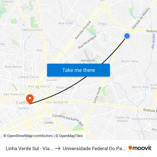 Linha Verde Sul - Viaduto Bairro Alto to Universidade Federal Do Paraná Prédio Histórico map