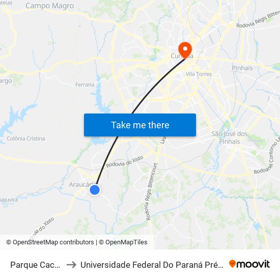 Parque Cachoeira to Universidade Federal Do Paraná Prédio Histórico map