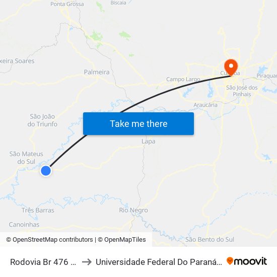 Rodovia Br 476 (Do Xisto) to Universidade Federal Do Paraná Prédio Histórico map