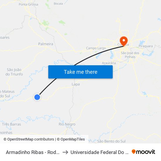 Armadinho Ribas - Rodovia Br 476 (Do Xisto) to Universidade Federal Do Paraná Prédio Histórico map