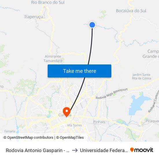 Rodovia Antonio Gasparin - Parque Municipal Gruta Do Bacaetava to Universidade Federal Do Paraná Prédio Histórico map
