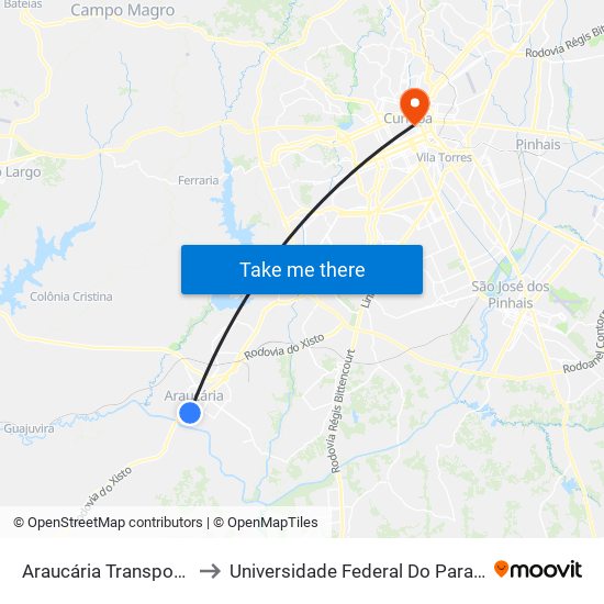 Araucária Transportes Coletivos to Universidade Federal Do Paraná Prédio Histórico map