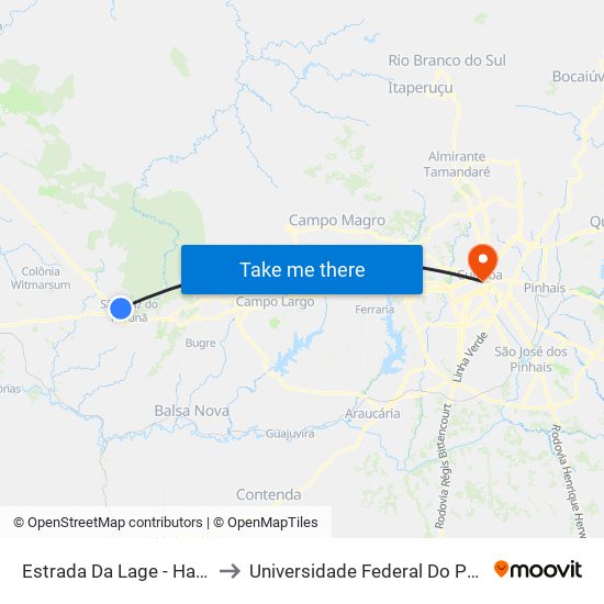 Estrada Da Lage - Haras Topo Da Serra to Universidade Federal Do Paraná Prédio Histórico map