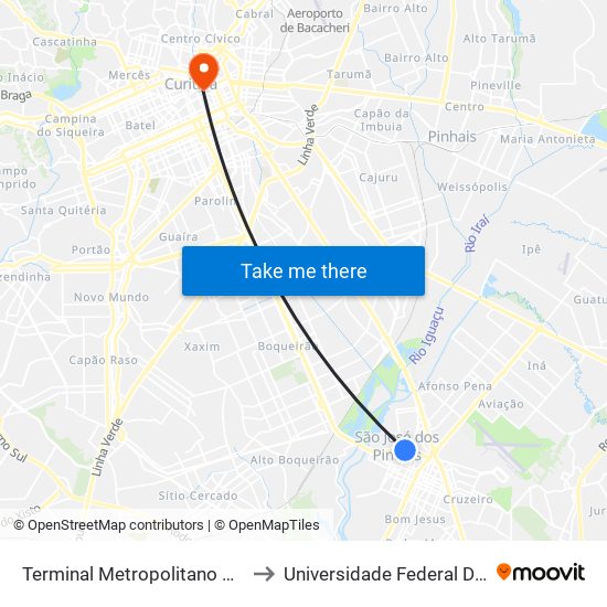 Terminal Metropolitano Central São José Dos Pinhais to Universidade Federal Do Paraná Prédio Histórico map