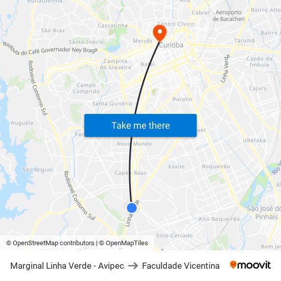 Marginal Linha Verde - Avipec to Faculdade Vicentina map