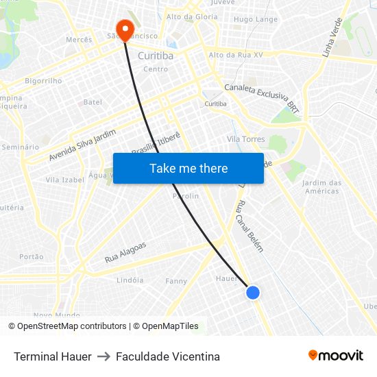 Terminal Hauer to Faculdade Vicentina map