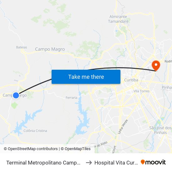 Terminal Metropolitano Campo Largo to Hospital Vita Curitiba map