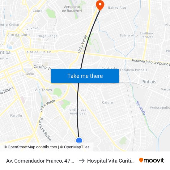 Av. Comendador Franco, 4700 to Hospital Vita Curitiba map