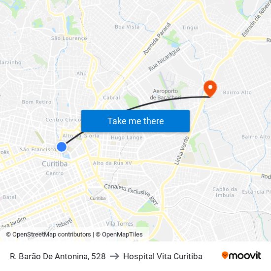 R. Barão De Antonina, 528 to Hospital Vita Curitiba map