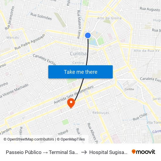 Passeio Público → Terminal Santa Cândida to Hospital Sugisawa Ltda map