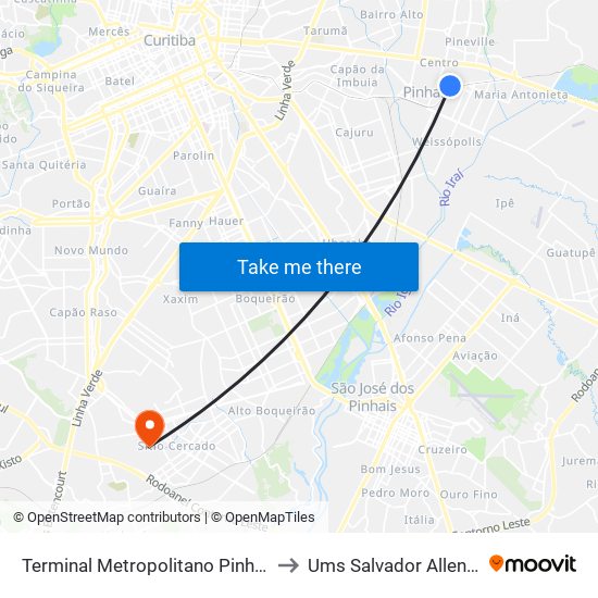 Terminal Metropolitano Pinhais to Ums Salvador Allende map