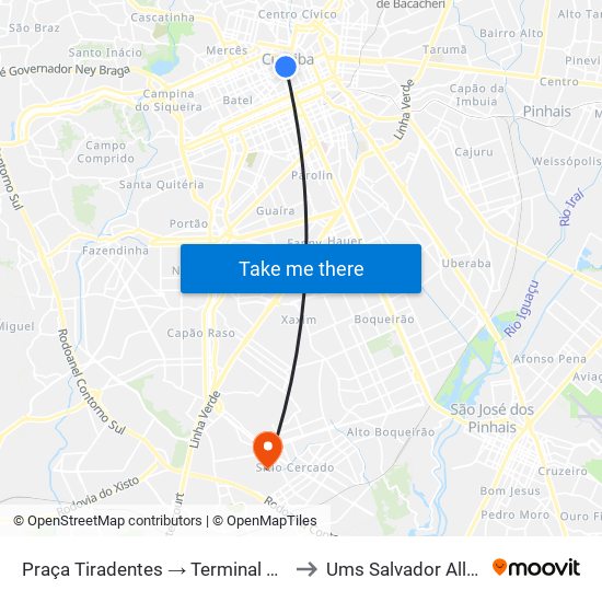 Praça Tiradentes → Terminal Pinhais to Ums Salvador Allende map