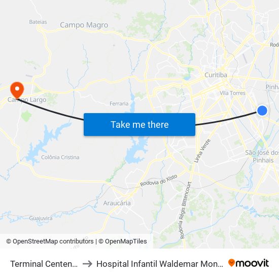 Terminal Centenário to Hospital Infantil Waldemar Monastier map